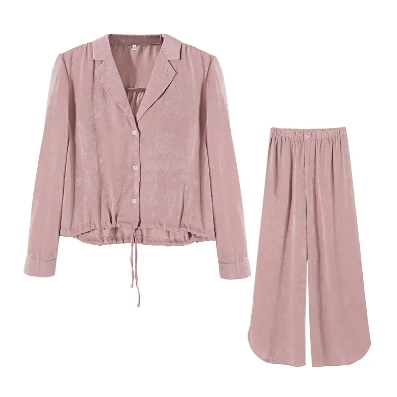 Deux pièces ensemble femmes brillant revers Crop chemise haut et pantalons longs chemisiers à manches décontractées + jambe large rose pyjama costume 210430