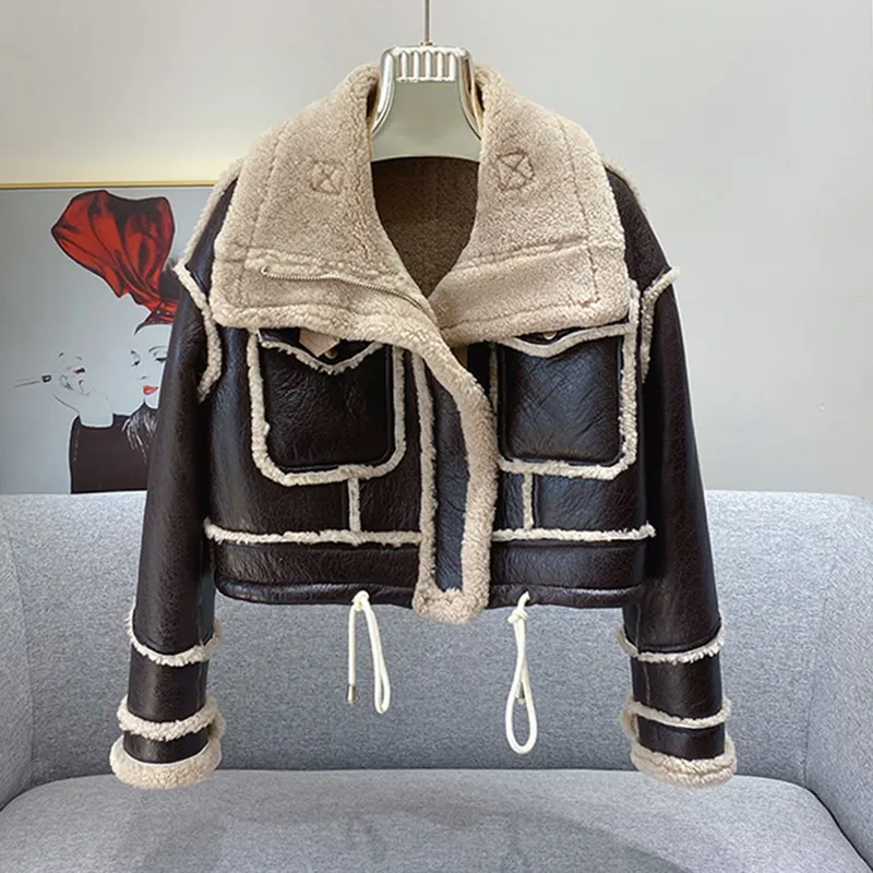 デザイナー女性の本物のせん断ラムの毛皮のジャケット冬の二重顔のコート女性作物のジャケット厚い暖かい本革s3659