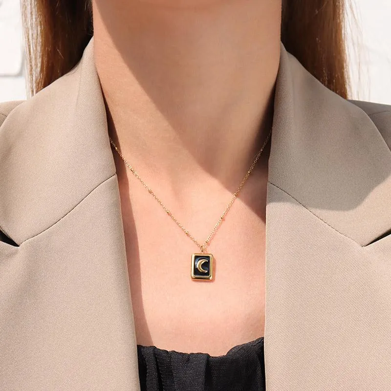 Vintage Square Pendant Black Baroque Moon Crescent Clavicle Necklace Femme Stainless Steel 18 K Plated Chain Collar Necklaces325x