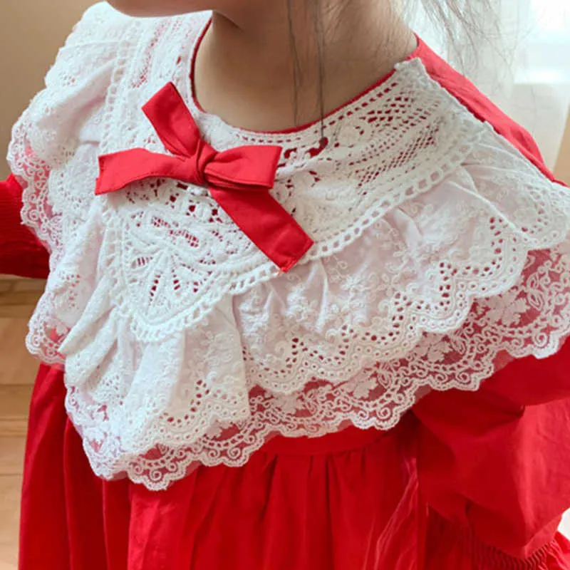 女の子ドレス秋春の朝のレースの弓の花長袖プリンセスパーティー子供赤ちゃん子供服210611