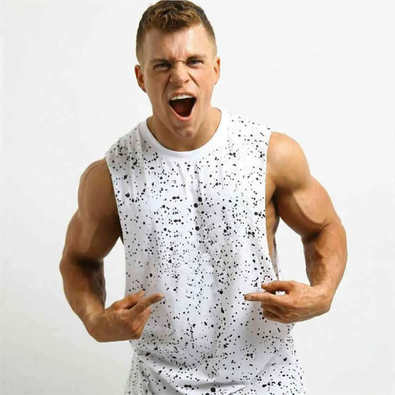Ny Splatter Dot Tank Top Men Gymkläder Kroppsbyggnad Stringer Singlets Muscle Vest Cotton Fitness Dropped Armhoes Undershirt 210421