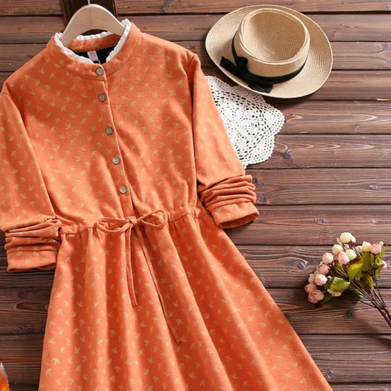 Weibliche Herbst Winter Kleid Einreiher Vintage Dot Plus Samt Warme Langarm frauen Cord ES 210514