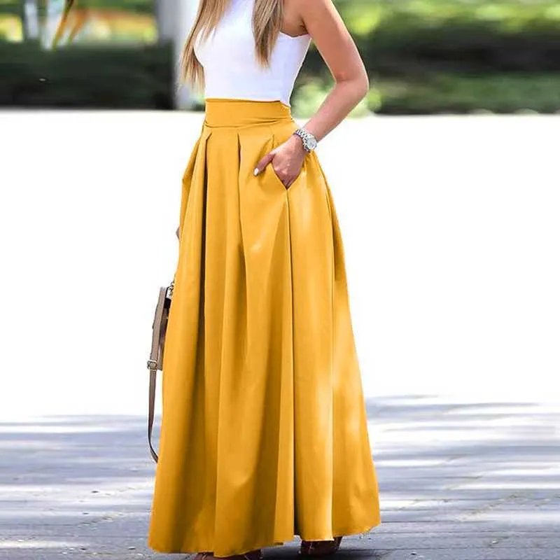 Snygg Pläterad Maxi Kjolar Kvinnors Vår Sundress Zanzea 2021 Casual High Waist Long Vestidos Kvinna Solid Faldas Saia 7 Y1006