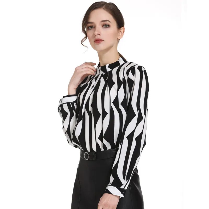 Мода черно-белые полосатые женщины блузка рубашка стенд шеи офисные S топы ANS S с длинным рукавом рубашки 0941 60 210506