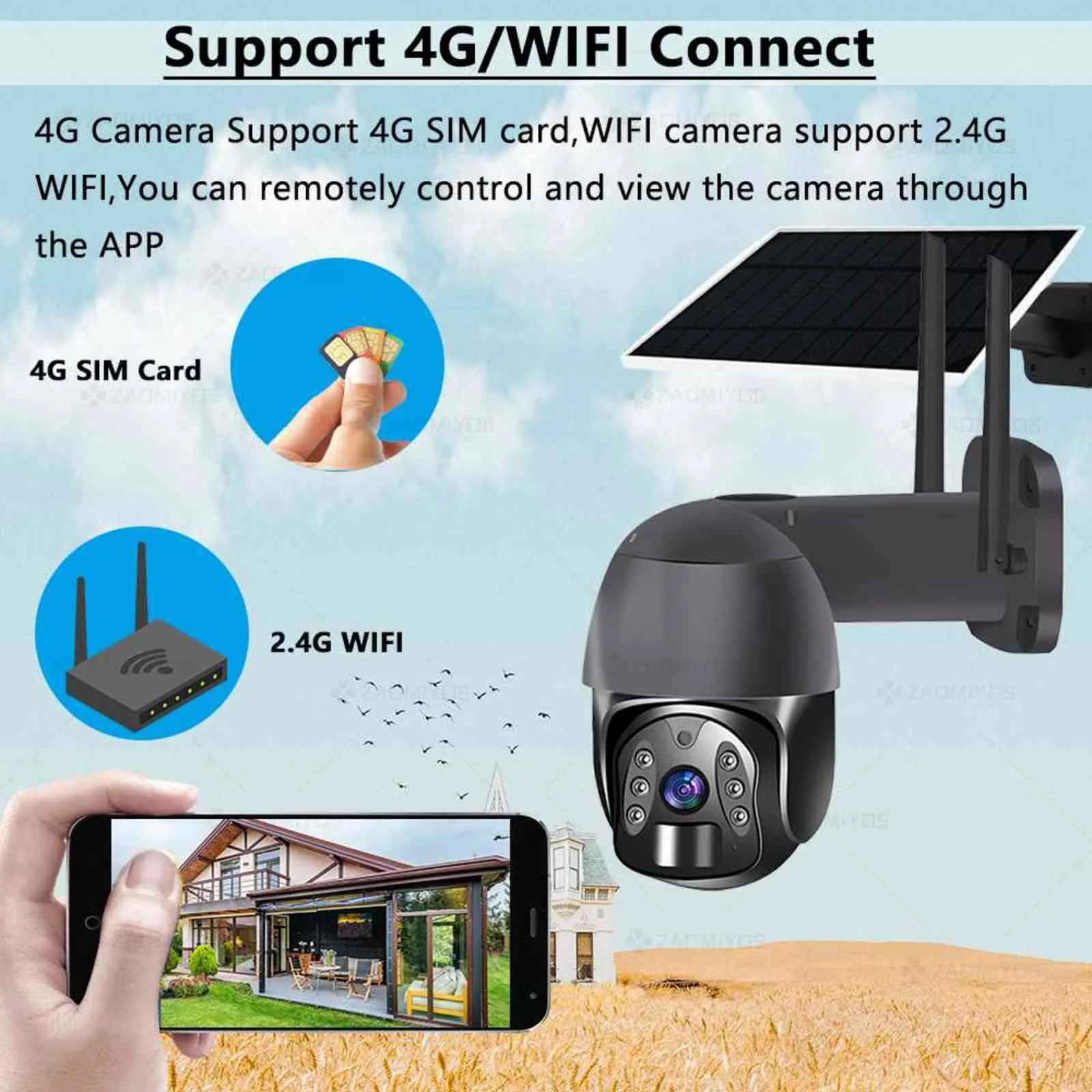 3MP 1080P HD 4G / WIFI Caméra solaire basse consommation PTZ Vision nocturne Audio bidirectionnel Panneau solaire Surveillance extérieure Caméra solaire IP H1117