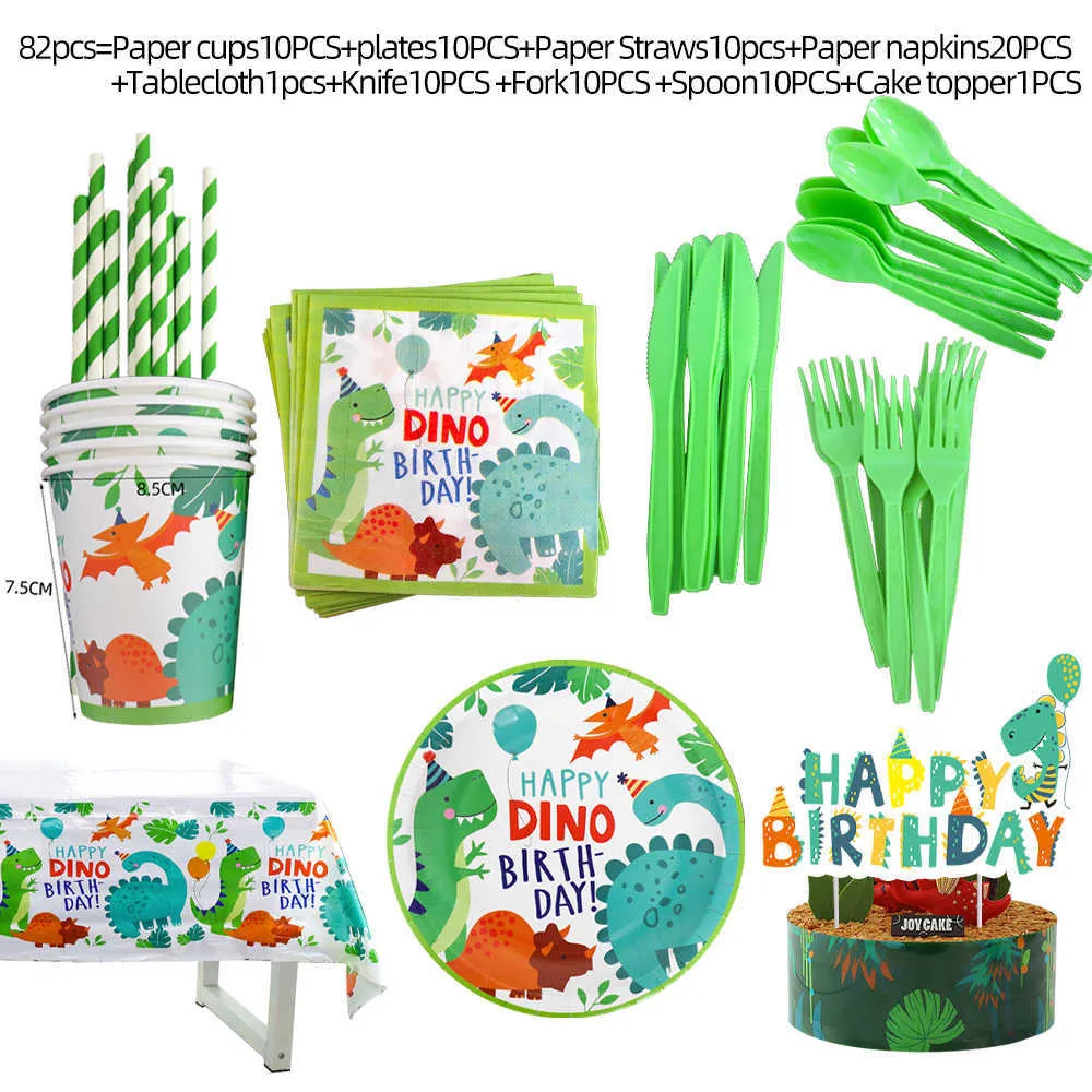 恐竜パーティーの使い捨てプレートとカップセット使い捨て食器セットケーキのトッパーディノ風船ベビーショー子供誕生日の装飾211018