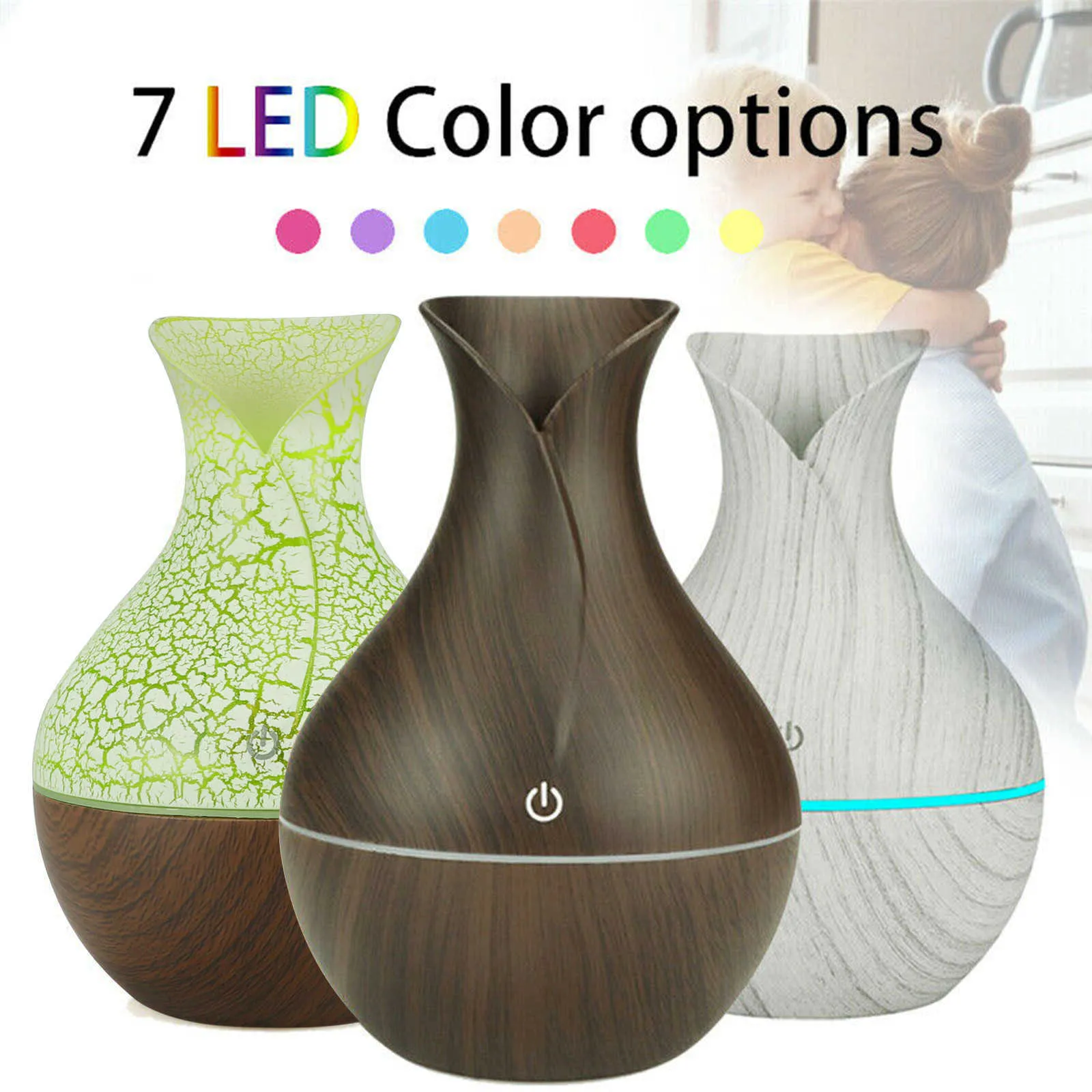 130ml LED eterisk oljediffusor luftfuktare USB aromaterapi Trä korn Vase Aroma 7 Färger Ljus för Home Lamp Electric 210724