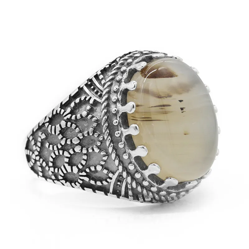 Natural Agate Ring for Men Pure 925 Sterling Silver Vintage Punk Male Women Rings Turkish Handmade Jewelry Gift Wholesale