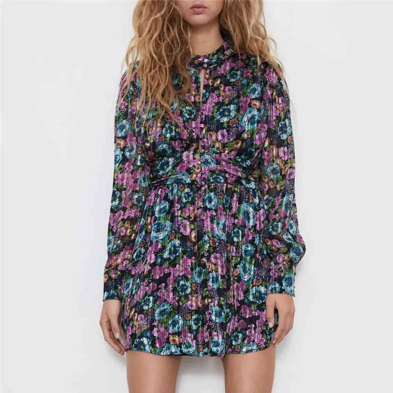 Streetwear Women Floral Print Dress Fashion Ladies Chiffon Pläterade Klänningar Kausal Kvinna Chic Knapp Hollow Out Vestidos 210427