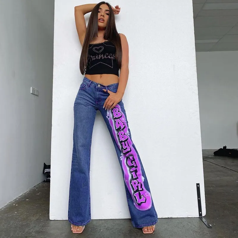 Y2k Moda Jeans stampati Pantaloni streetwear da donna Harajuku Denim Pantaloni larghi a vita alta Pantaloni lunghi estetici casual femminili 210515