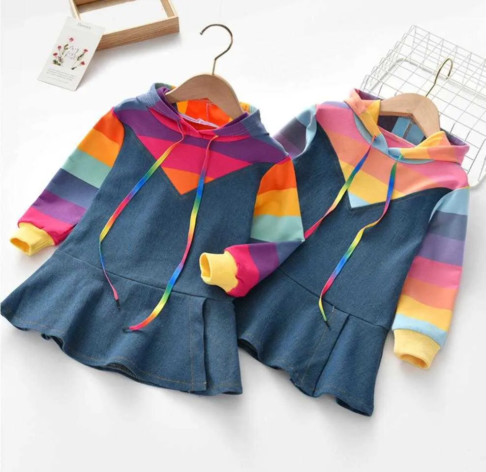 Mädchen Kleid Neue Herbst Kinder Kleidung Langarm Regenbogen Streifen Party Anzüge Mädchen Denim Hoodie Kostüm Baby Kinder Kleid Q0716