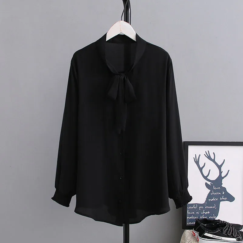 Office Lady Puf Kollu Kadın Gömlek Yay Artı Boyutu Şifon Bluz Ve Tops Vintage Gevşek Kadın Giyim 12963 210427