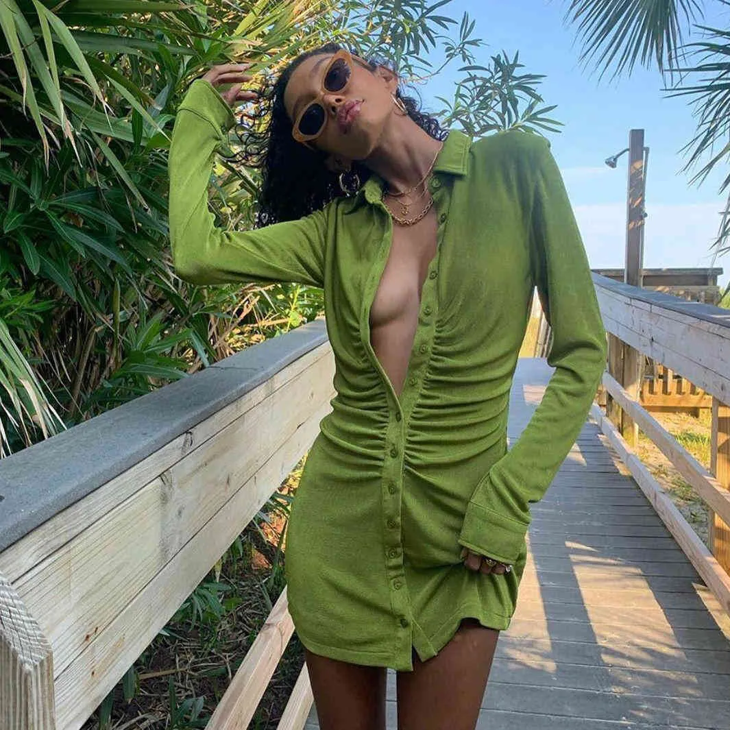 VIBESOOTD col rabattu femmes chemise robes Club fête à manches longues bouton vert Mini robe vacances 2021 printemps Streetwear X0521