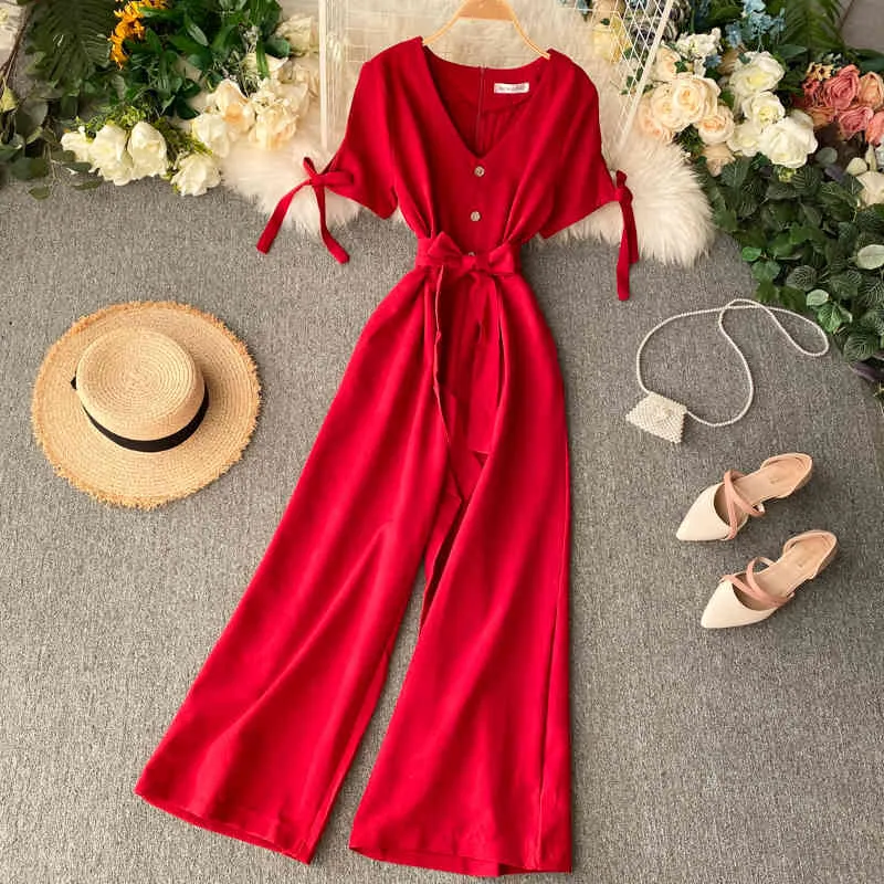 V Neck Wide-legged Jumpsuit Summer Women Spaghetti Strap Button Sashes High Waist Playsuit Holiday Romper 210423