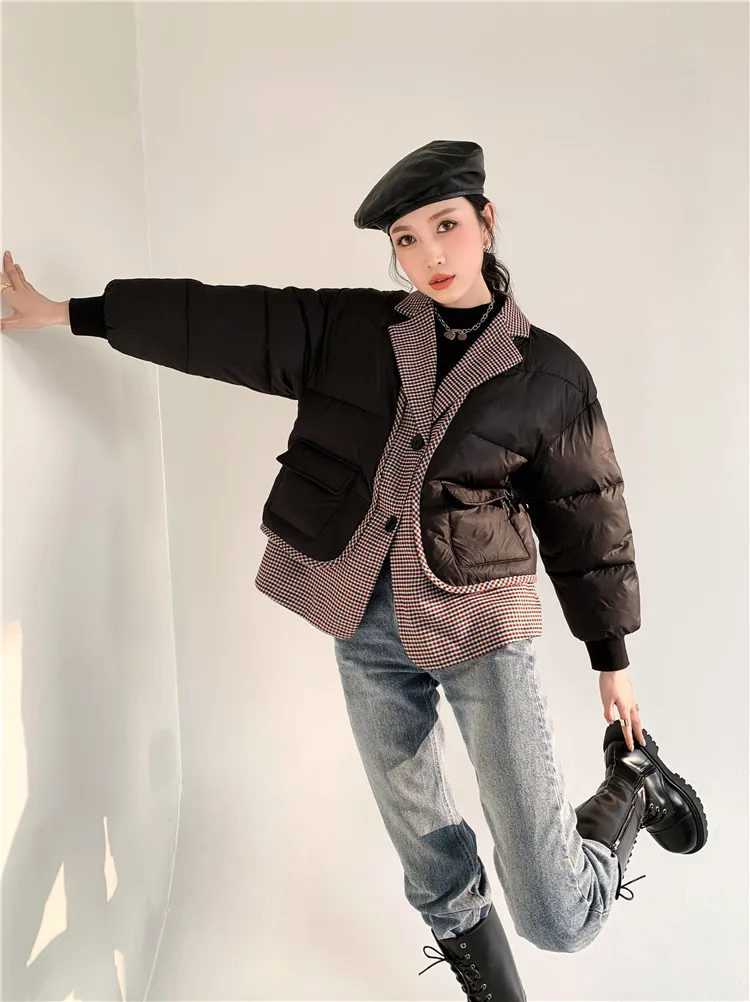 Designer Patchwork Puffer Jacke Blase Mantel Winter Frauen Schwarz Puffy Stepp Mode Oberbekleidung 210427