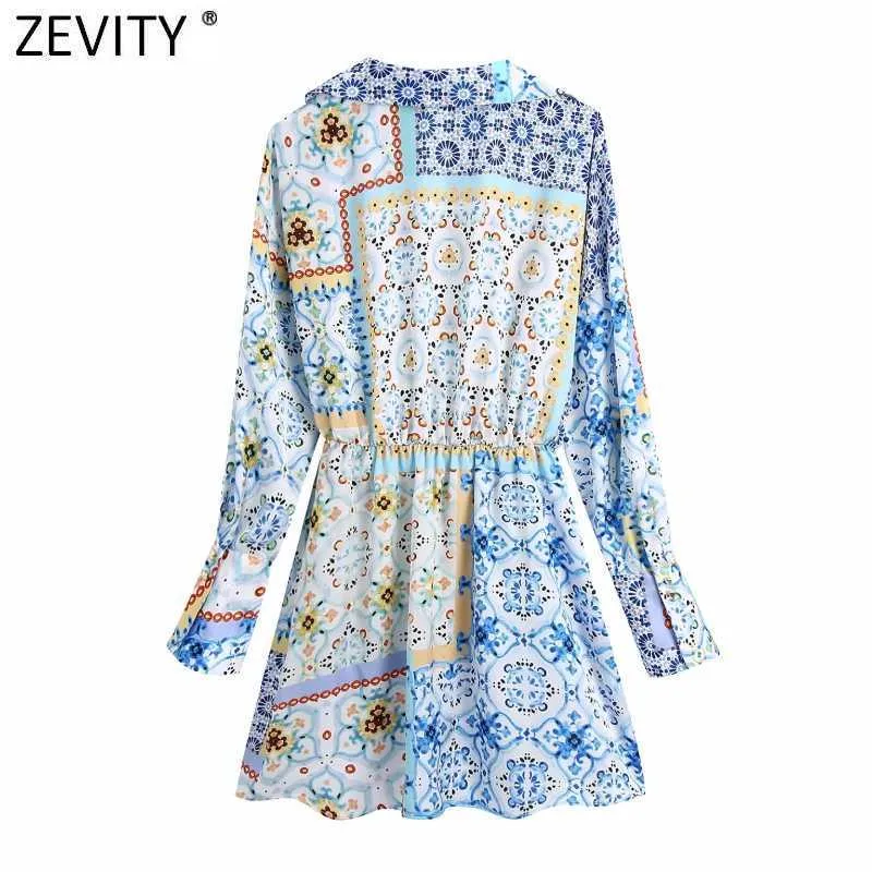 Zevity Femmes Vintage V Cou Tissu Patchwork Imprimer Mini Chemise Robe Femme Chic Poitrine Taille Élastique Rétro Robes DS8398 210603