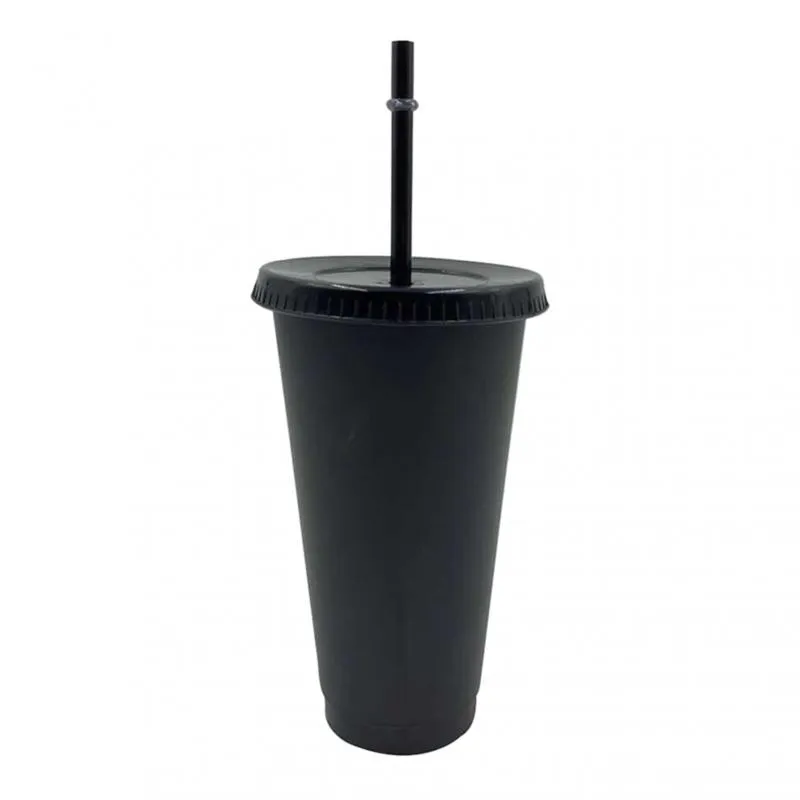 Bouteille d'eau en plastique réutilisable noire de 700ml, 5 pièces, tasse froide avec couvercle et paille, gobelet magique, tasse à café personnalisée