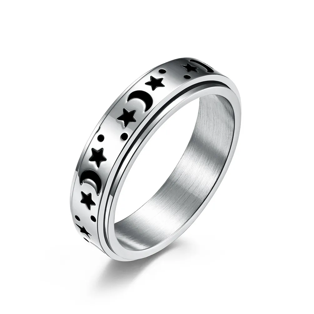 6 mm en acier en acier inoxydable Moon Spinner Band anneau exquis Black Emans Black pour femmes Bijoux de fiançailles de fiançailles de fête de mariage pour hommes 9432492