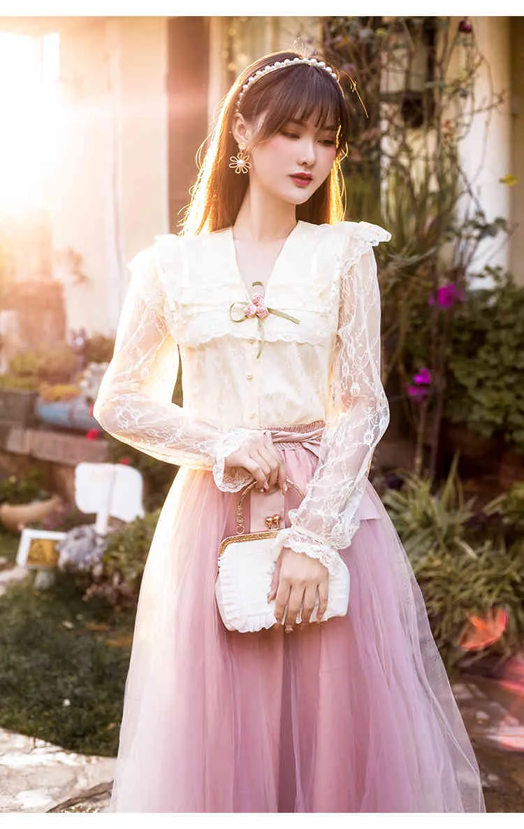 High Quality Luxury Runway Two Piece Women Summer Long Sleeve Lace V Neck Tops + Elastic Waist Mesh Pink Skirts Suit 210514