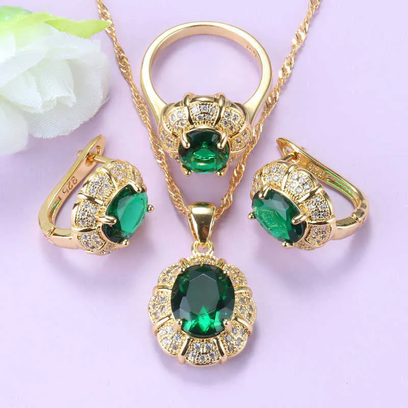 Bruduppsättningar guldfärg bröllop tillbehör grön natursten klipp örhängen och halsband armband ring smycken uppsättningar för kvinnor h1022