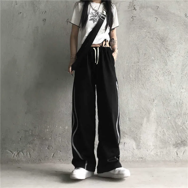 Kadın Spor Pantolon 2021 Yeni Düz Elastik Yüksek Bel Streetwear Geniş Pantolon Baggy Şerit Moda Rahat Anne Geniş Bacak Pantolon Q0801