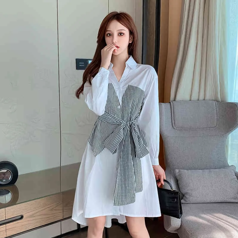 Women's Autumn Dresses Korean Fashion Fake Two-piece Short Skirt Bottoming Long-sleeved Blouse PL280 210506