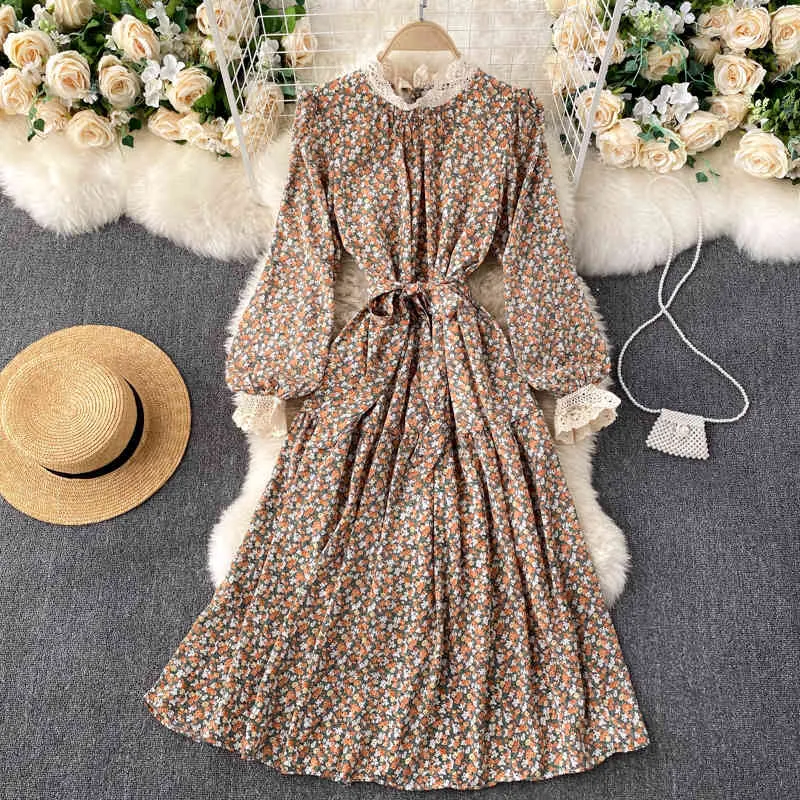 Lady Moda Vintage Ince Çiçek Baskı Boho Plaj Uzun Elbise Kadın Kol Dantel Patchwork Zarif Giyim Vestidos 210514