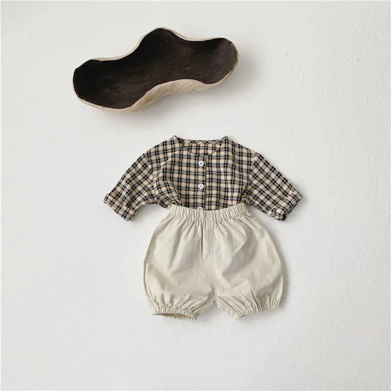 Partihandel Sommar Baby Boys Girl 2-PCs Sätter Långärmad O-Neck Plaid Shirt + Shorts Kids Outfits E5052 210610