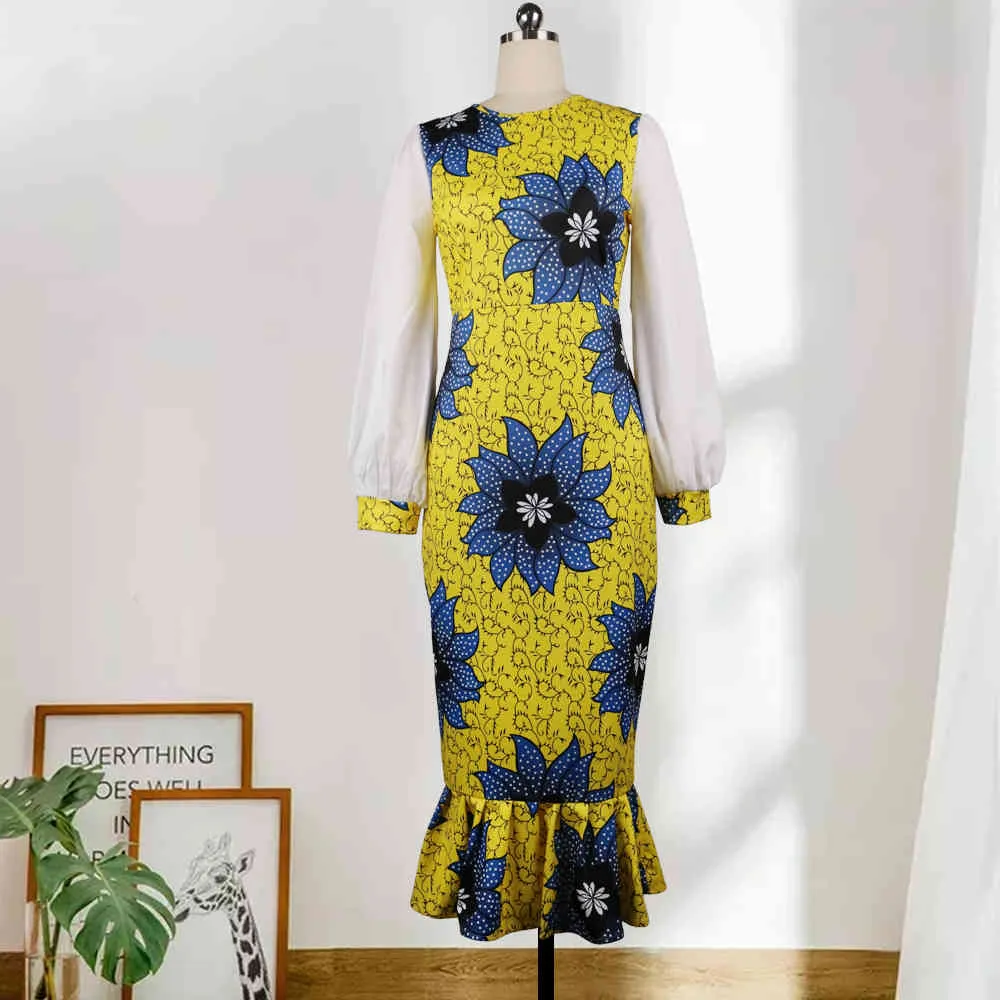 Frauen bedruckt Kleid O Neck Patchwork Lange Ärmel Midi Blume Bodycon Afrikanische Mode Große Größe Damen Paket Hüfte Weibliche Roben 210416