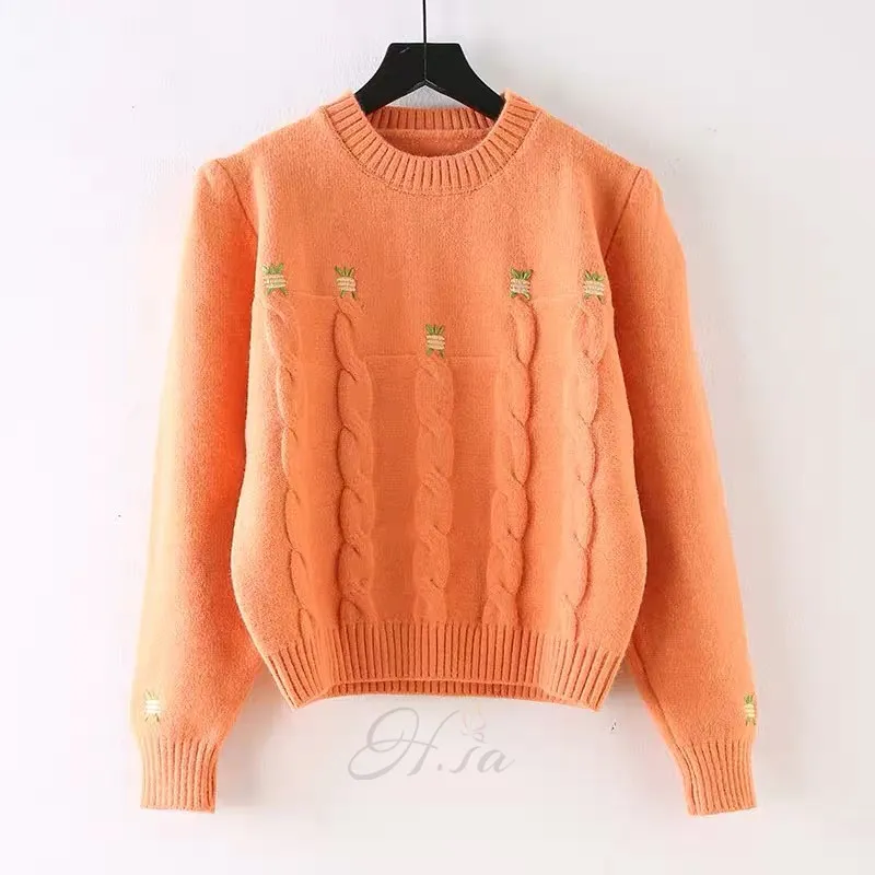 Winter Women Floral Pullover and Sweaters Oneck Crop Jumpers Orange Elegant Female Sweater Pull Femme Twisted 210430