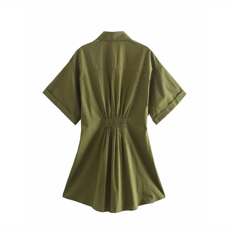 ZA Green Summer Shirt Dress Women Short Sleeve Elastic Waist Pleated Cotton Dresses Woman Snap Button Up Mini Vestidos 210602