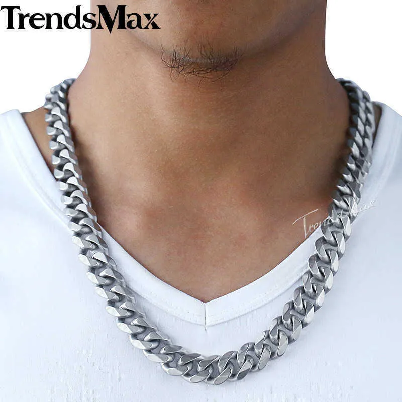 Trendsmax Collana da uomo in acciaio inossidabile 316l, catena opaca spazzolata, bordo cubano, argento, tono 15 mm, Hnm18 Q0809