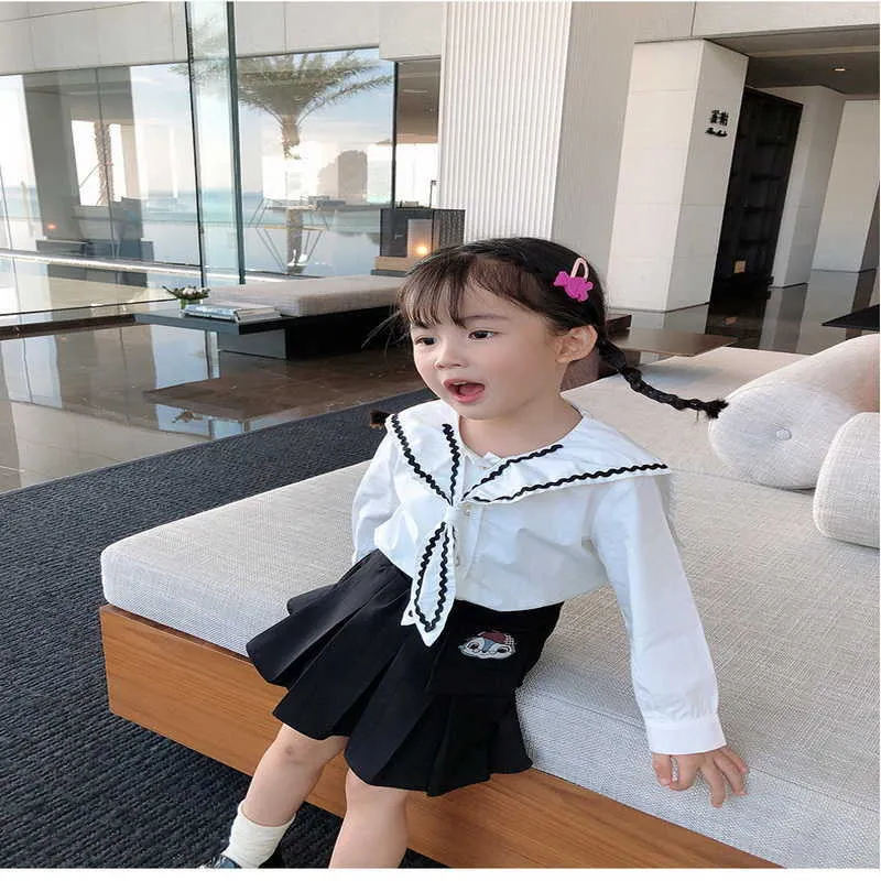 Spring Korean Style Baby Girl 2-PCs Sets Peter Pan Collar Lange Mouwen Shirts + Rokken Kinderkleding E3057 210610