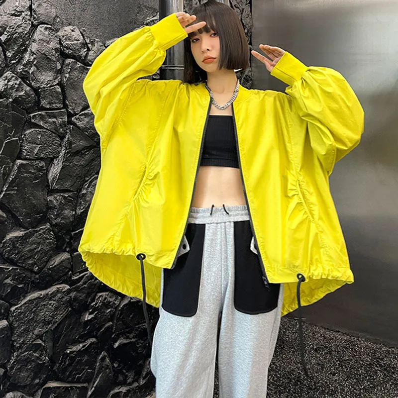 [EAM] coupe ample jaune grande taille Cool veste col montant à manches longues femmes manteau mode printemps automne 1DD6548 210512