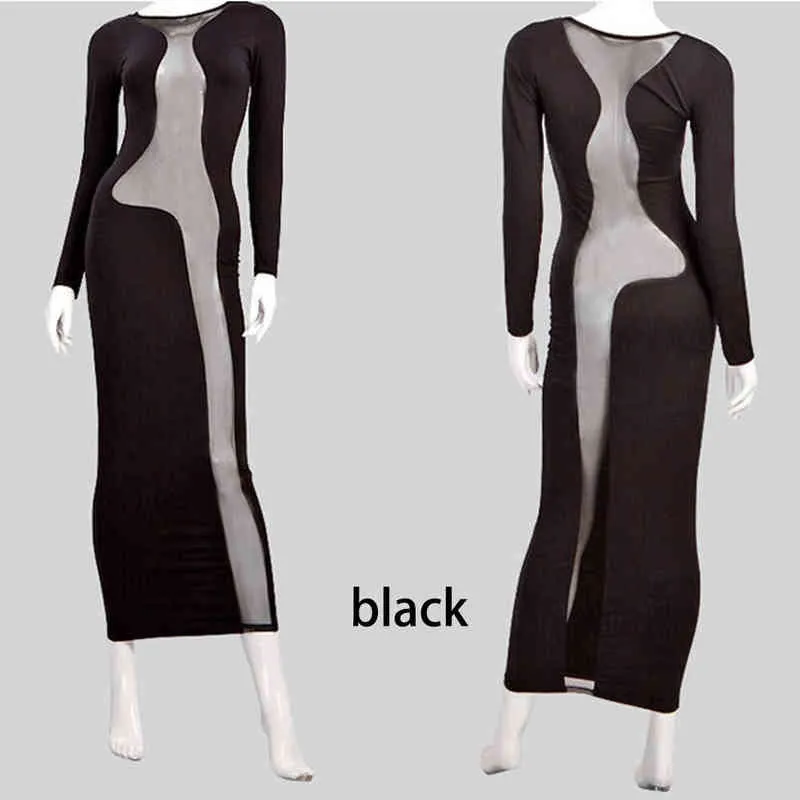Black Color Sexy Women Mesh Dress Patchwork Long Sleeves See Through Club Party Maxi Dress for Girls Transparent Clothing Y1204