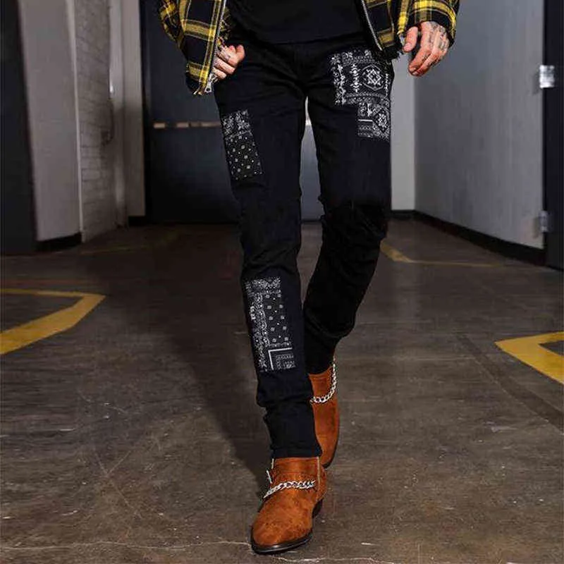 Men Black Jeans Fashion High Waist Stretch Washed Denim Pencil Pants Skull Pattern Letter Printed Street Trousers 211111