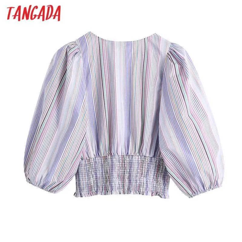 Tangada femmes mode rayé tunique chemise courte Vintage col en V manches bouffantes femmes chemises Blusas Chic hauts BE524 210609