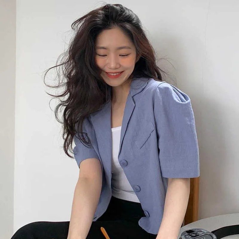 Korejpaa Kadınlar Ceket Yaz Kore Chic Bayanlar Tüm Maç Yaka Üç Düğme Tasarım Gevşek Kısa Puf Kol Suit Ceketler 210526