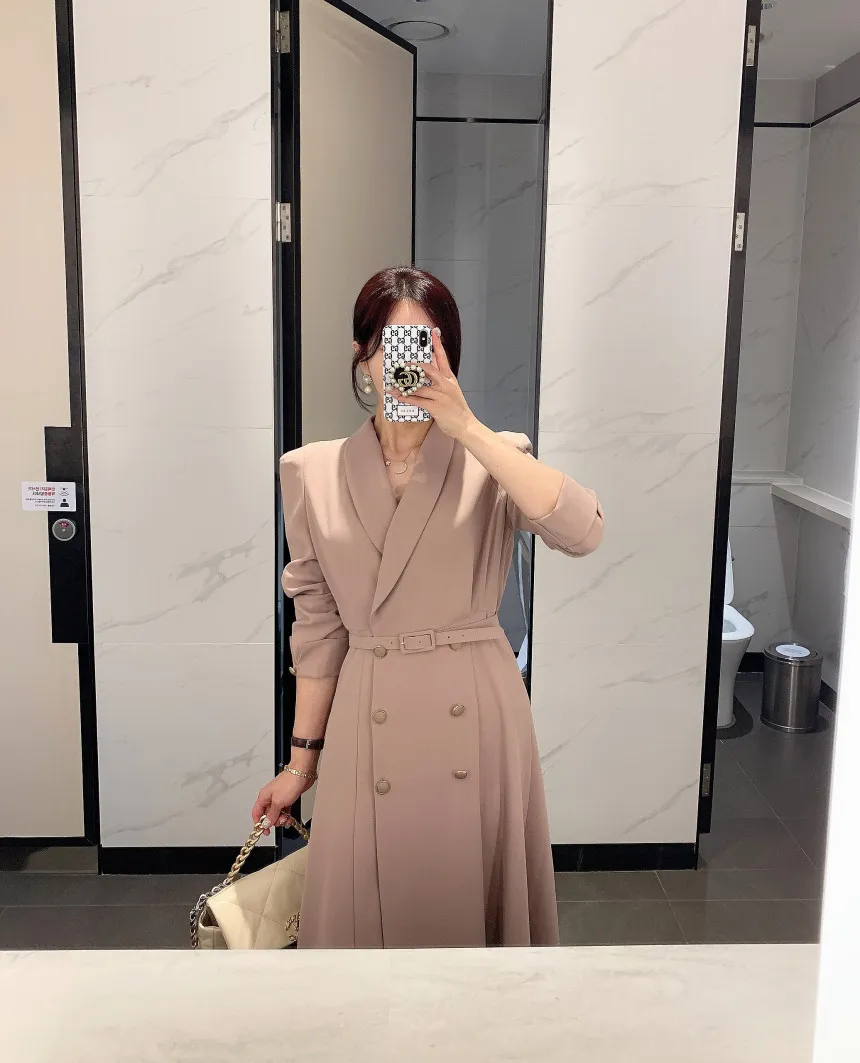 Весна осень Элегантное платье Женщины Двухбордовые V-образные вырезы Blazer Blazer Es Корейский туалет Maxi Robe Femme 210513