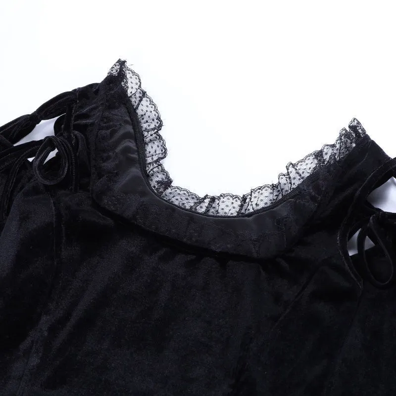Женщина футболки кружева вверх черная пустоладочная гота верхняя винтажная корсет bodycon бархат сексуальные топы harajuku y2k эстетическая короткая одежда 210517