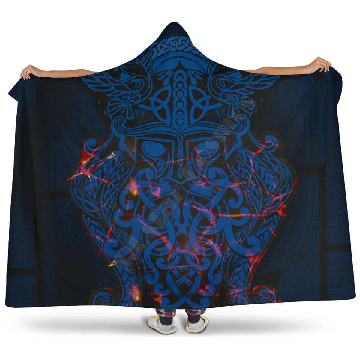 Viking tattoo Character Hooded Blanket Adult colorful child Sherpa Fleece Wearable Blanket Microfiber Bedding style-2 211019