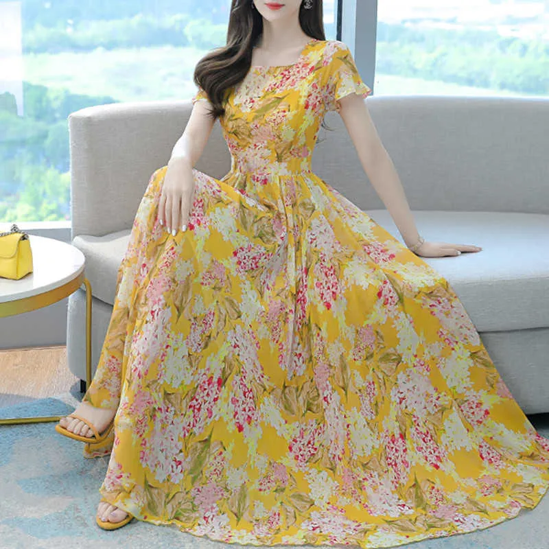 Koreanische Mode Frauen Kleid Gelb Kurzarm Reißverschluss es Frau Natürliche Wasit Lange Square Neck Floral es 210604