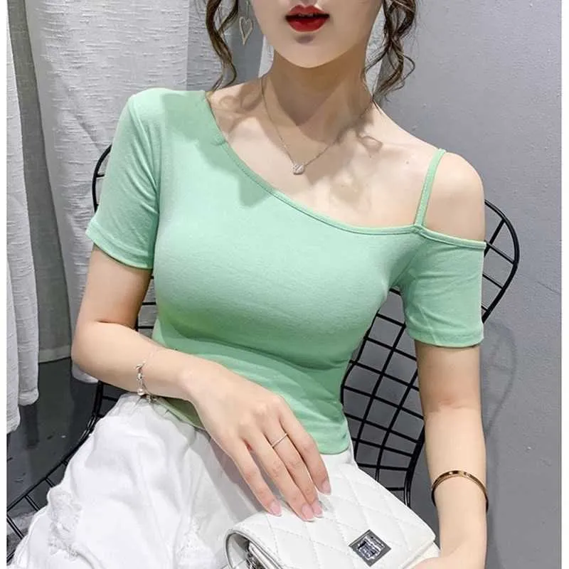 summer woman tshirts irregular off-shoulder short-sleeved tops design sense tight-fitting stretch sexy slim fashio 210604