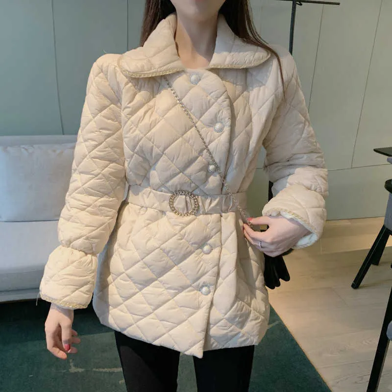 Aelegantmis coréen élégant ceintures Argyle mince manteau femmes printemps chaud ceinture veste femme lâche perle bouton Vintage Parkas Chic 210607