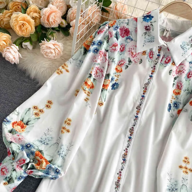 Women's Spring Autumn Blouse Korean flower lantern sleeve lapel top Loose fashion Long Sleeved Female Blouses UK113 210506