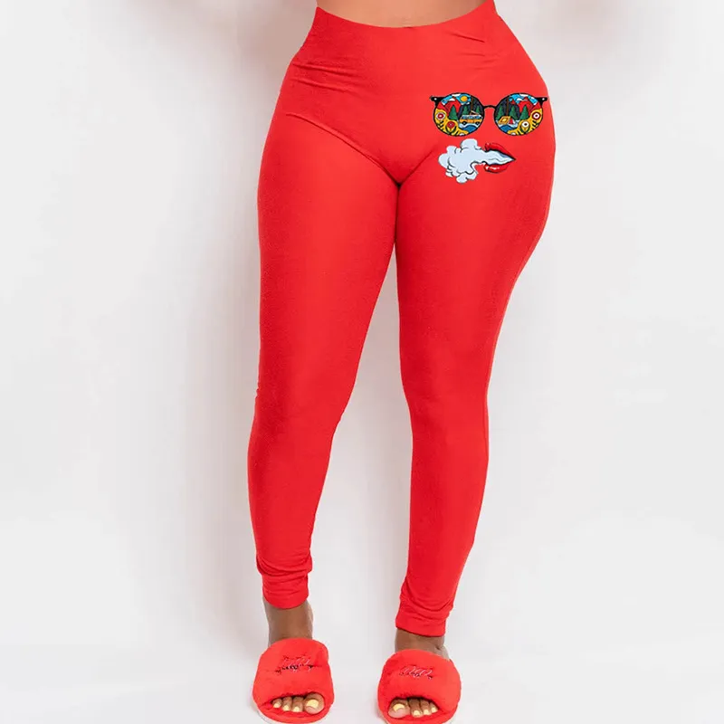 High Waist Funny Printing Bodycon Fitness Sports Trousers Hip Lift Leggings Women Leisure Fashion Long Pants Black&Red Plus Size 210517