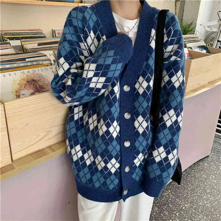 H.SA DONNA ABBIGLIAMENTO ABBIGLIAMENTO CARDIGANS V Collo ARGYLE Maglione Maglione Pantaloni Patchwork Giacca a maglia Lunga Giacca Oversized Cardigan 210417