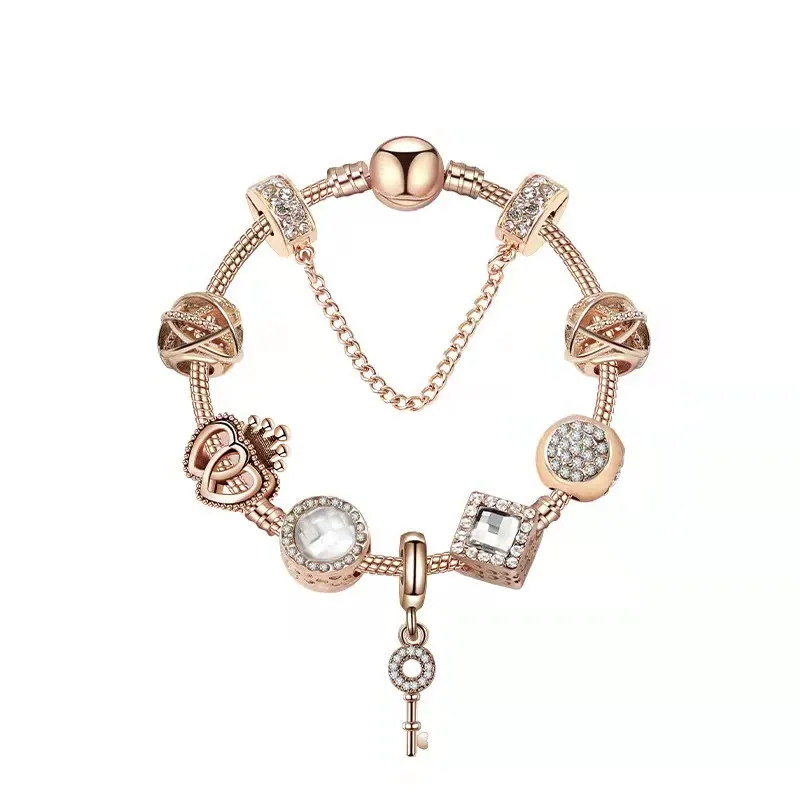 18 19 20CM Ciondolo magico Perline Fili in oro rosa Bracciale multifilo con perline Catena a serpente placcata argento 925 Ciondolo chiave come fai da te jew268d