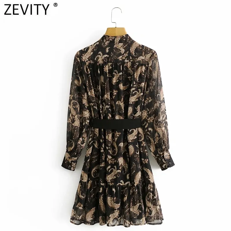 Vrouwen Vintage Cashew Nut Totem Floral Print Sashes Mini Jurk Femme Gouden Lijn Vestido Breasted Shirt Jurken DS4853 210420