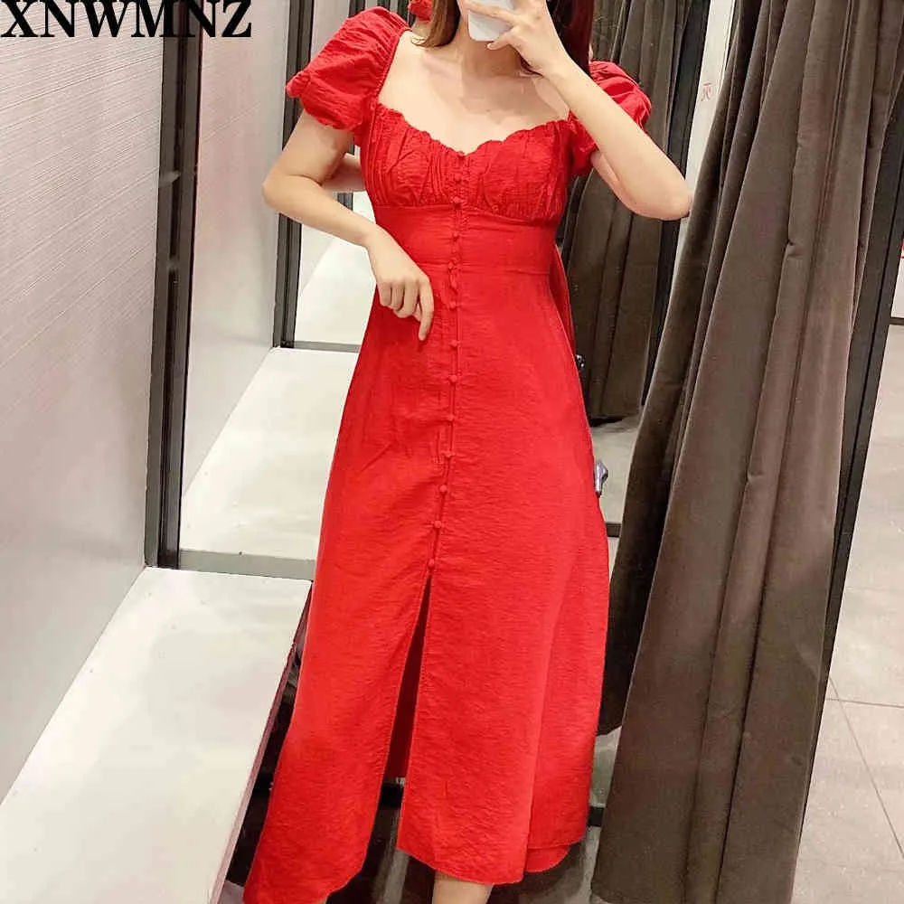 Za women vintage puff sleeve single breasted red midi dress female back elastic casual slim vestidos chic party dresses she 210510